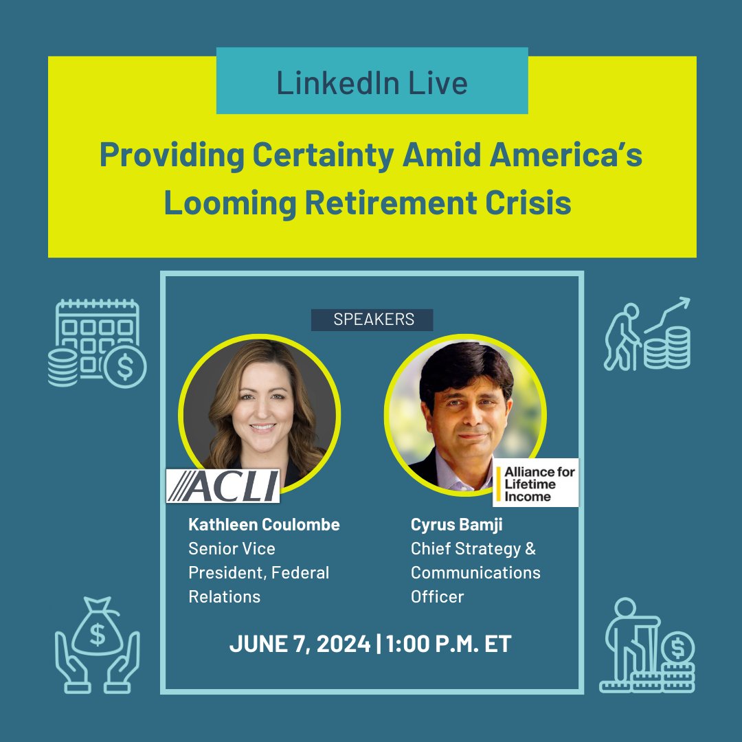 Tomorrow! Join us for a LinkedIn Live event with <a href="/401Kathleen/">Kathleen Coulombe</a> of <a href="/ACLINews/">ACLINews</a> &amp; Cyrus Bamji of <a href="/alincome/">Alliance for Lifetime Income</a> about how #annuities can help Americans make #savings last and #ProtectRetirement. 
 
Register now: linkedin.com/events/providi… #FinancialSecurity