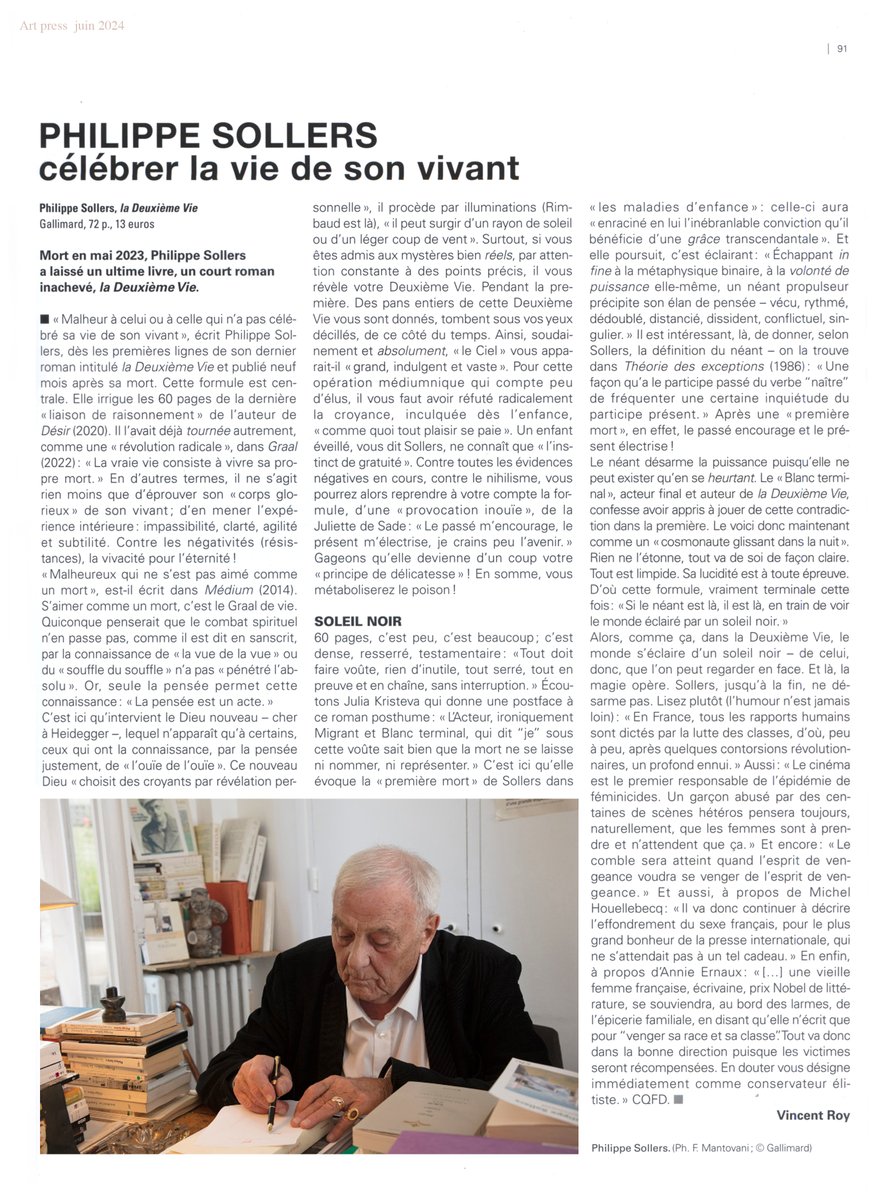 Philippe Sollers, La Deuxième Vie
Célébrer la vie de son vivant
par <a href="/VincentROY5/">Vincent ROY</a> (Art press, juin 2024)