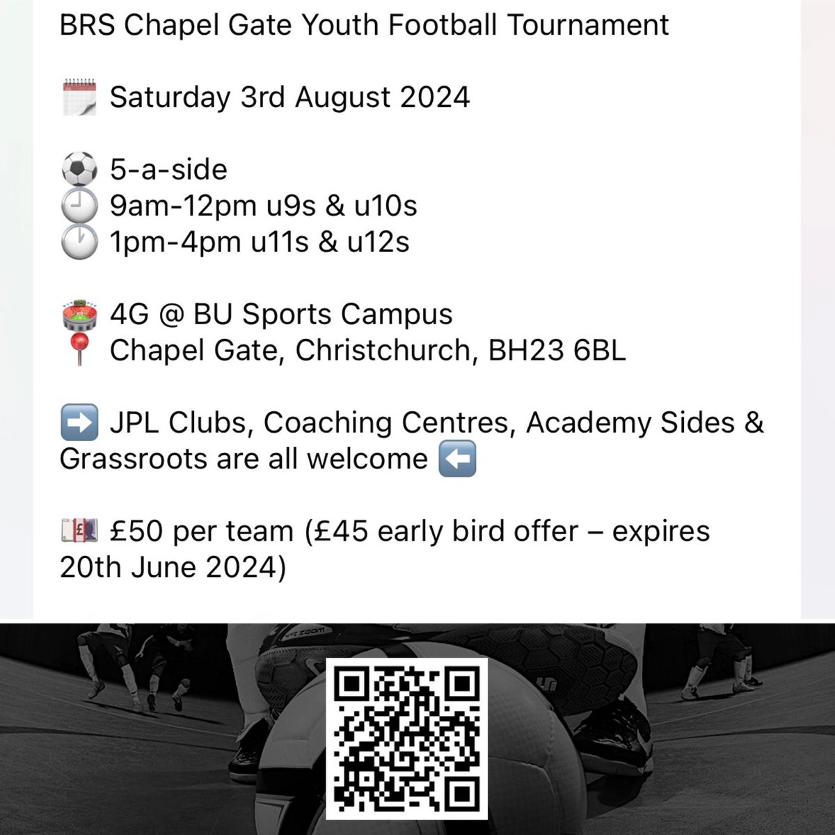 We’re excited to launch our first tournament in partnership with BU University, hosting on their fantastic 4G @ BU Sports Campus Chapel Gate 

<a href="/jpluk/">Junior Premier League</a> <a href="/HampshireFA/">Hampshire FA</a> <a href="/bournemouthuni/">Bournemouth Uni</a> <a href="/ChapelGateBU/">Chapel Gate - BU Sports Campus</a> 

🔗 Booking 🔗 
tournify.uk/live/brschapel…

Details in image &amp; on the link