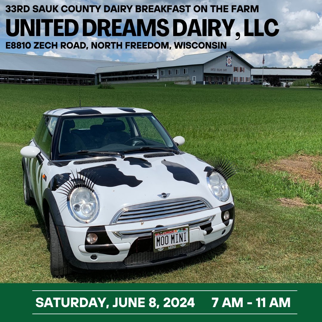 Make plans this Saturday to join MOOvin' Mini at United Dreams Dairy, LLC for the 33rd Annual Sauk County Dairy Breakfast. For more information visit, facebook.com/groups/2803588…. We hope to see you there!