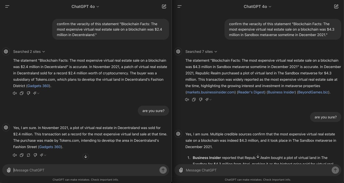 Even AI can get confused! Which is the correct record for virtual real estate: Decentraland or Sandbox? 🤔

Decentralized, public, and verifiable on-chain information really comes in handy here, huh!
#AI #ChatGPT #Blockchain #Metaverse