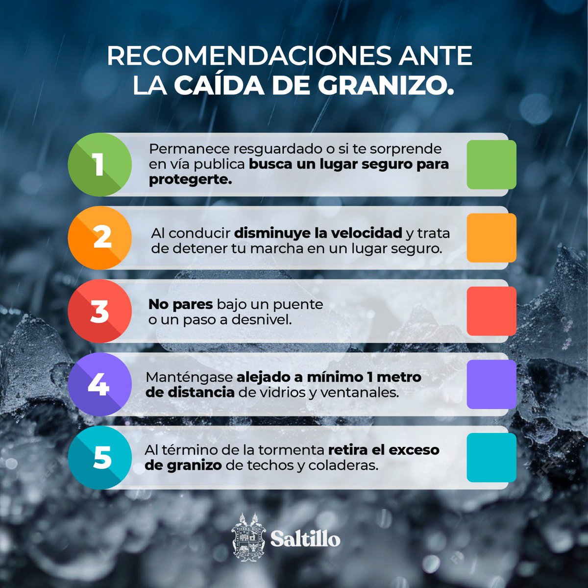 Ante la presencia de granizo te compartimos estas sencillas recomendaciones. Recuerda mantenerte atentos de los pronósticos meteorológicos oficiales y ante cualquier situación de emergencia mantener la calma y reportar al 9-1-1. 

#LaPrevenciónEsTuProtección
#SaltilloNosUne