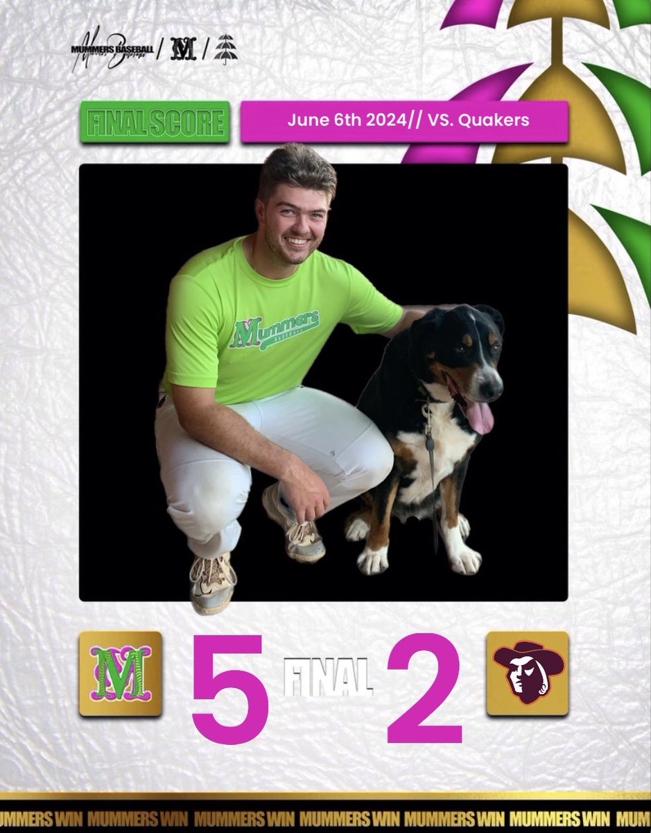 Mummersbaseball's tweet photo. Mummers win🙌

Big Dog of the game goes to RJ Agriss 3-3 w/ 3 doubles, 1BB, 2 runs score. Adding to the offense Sam Labrecque 2 hits including a triple. Logan Hinds putting the bat back in his hands, 2 hits, 1BB, 1 RBI

Talented young arms McCloskey and Walker combined for 14 Ks https://t.co/u8F0vefasa