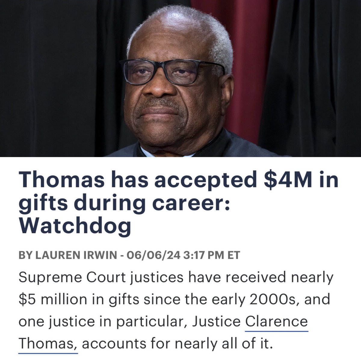 They’re not “gifts.”
They’re bribes. 
Clarence Thomas took $4 million in bribes from billionaires.

Everyone understands this, and yet he still holds a lifetime position as one of the most powerful people in our country.

Unrig the Supreme Court.