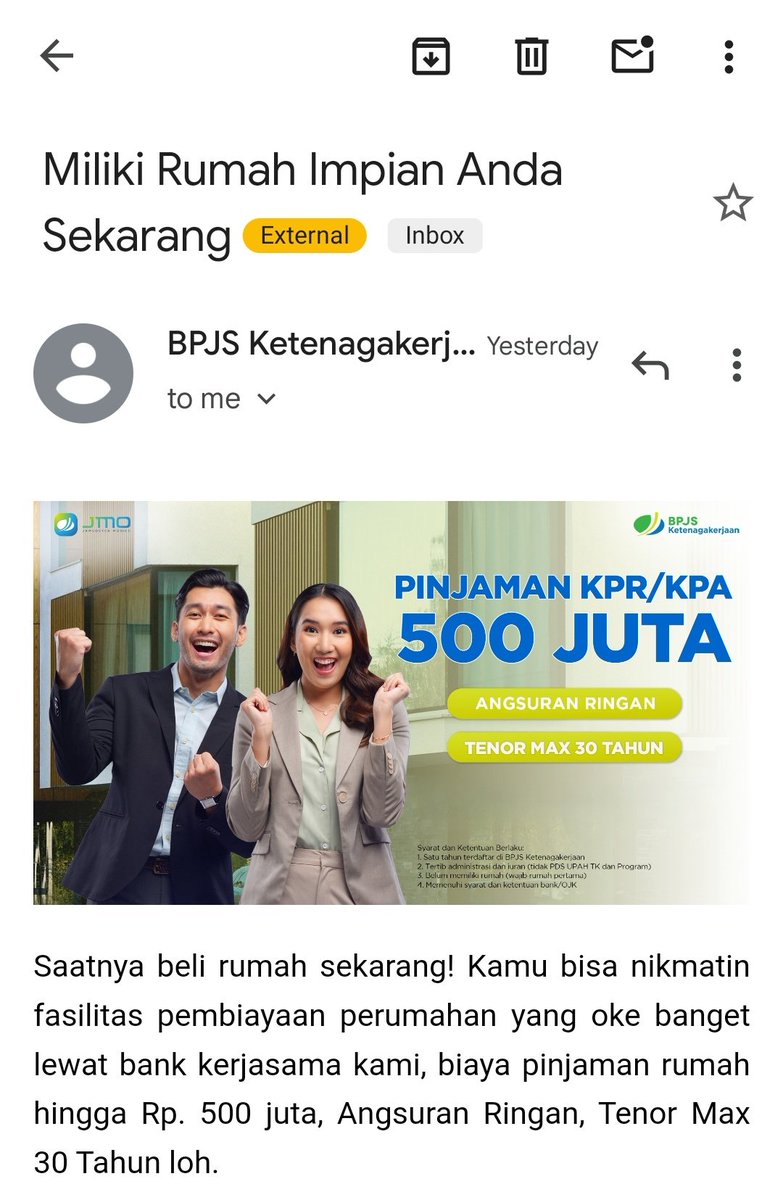andreqve's tweet photo. Pagi ini ngecek email, ada inbox dari BPJS TK ngasi tau kalau sekarang mereka nawarin pinjaman buat kepemilikan rumah.

Ini uang kita yang dipotong tiap bulan terus dipinjemin lagi ke kita dengan bunga bukan sih? 🫨 https://t.co/GXW39w3YoM