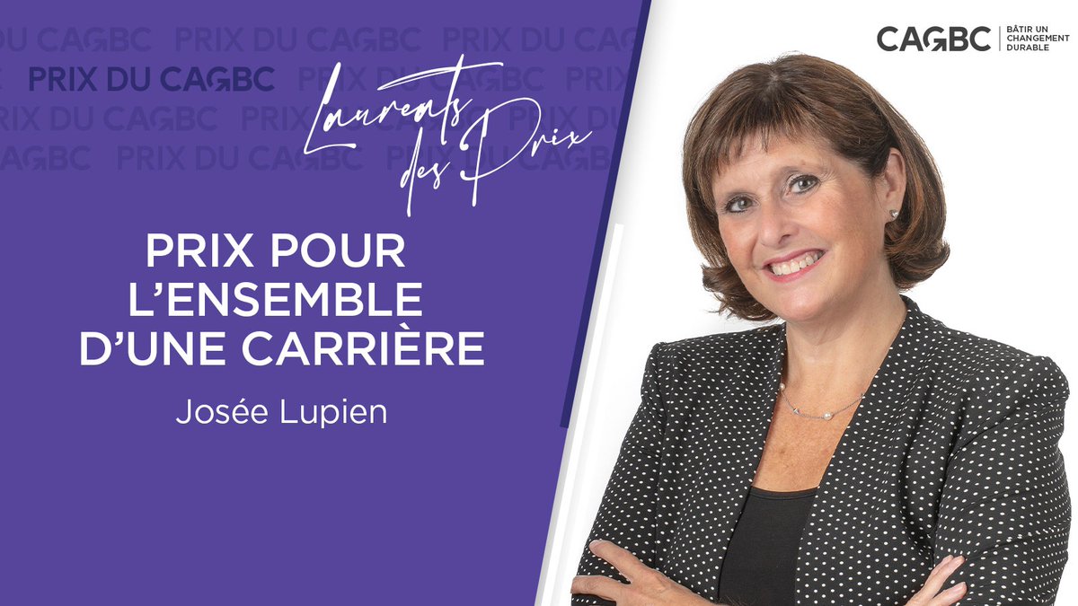 Nous sommes heureux de remettre à Josée Lupien le Prix pour l’ensemble d’une carrière de 2024 pour avoir fait progresser le #BâtimentDurable au Québec et partout au Canada pendant plus de 20 ans et pour son engagement dans de nombreuses initiatives du CBDCA.