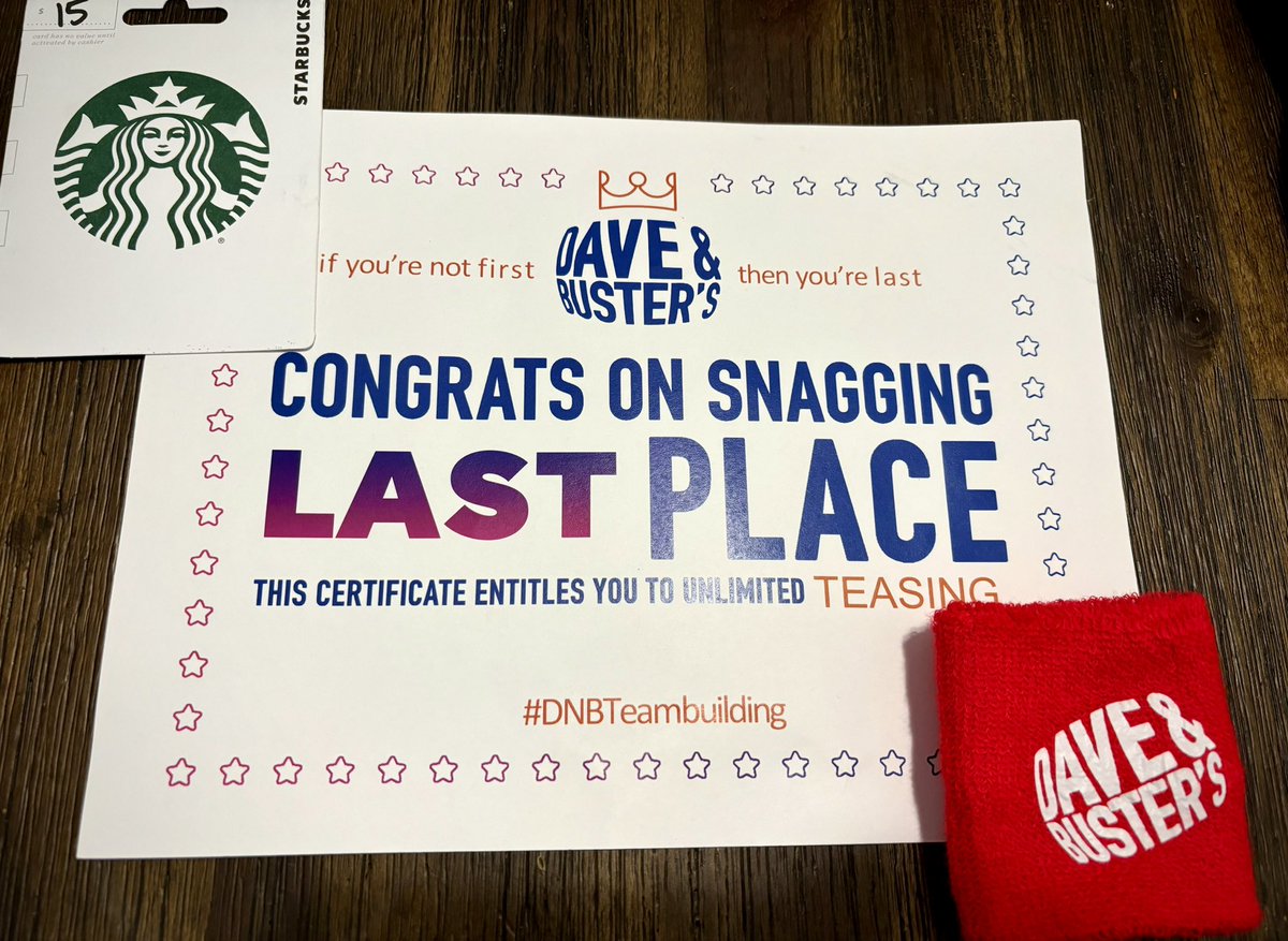 SunahS630's tweet photo. We thought we did well &amp; so confident til they said—Team 1(Red team) snatched last place! 🤣😅 @TomLuedloff was gracious and gave us a consolation prize!🙃Thanks @TerriBresnahan &amp; @TomLuedloff for planning a fun afternoon! #teambuildingfun #DNBTeambuilding https://t.co/5uYcnNGr8F
