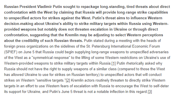 2/ Putin's threat aims to influence Western decision-making about Ukraine's ability to strike military targets within Russia using Western-provided weapons but notably does not threaten escalation in Ukraine or through direct confrontation...