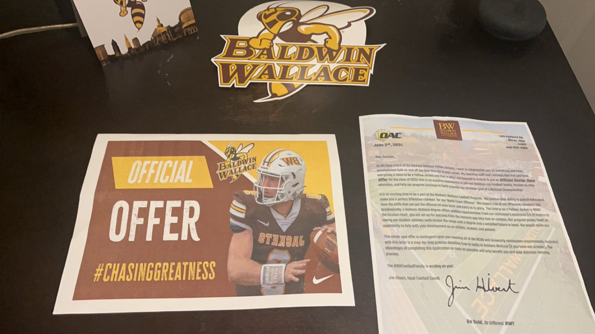 DeAndre Copeland (@deandrec59) on Twitter photo After a great visit to Baldwin Wallace I am blessed to receive my first offer to play football at the next level. Thank you for the opportunity. Go Yellow Jackets! #CHASINGGREATNESS <a href="/AndrewCregan16/">Andrew Cregan</a> <a href="/MattBrown_Coach/">Coach Matt Brown</a> <a href="/CoachHilvert/">Jim Hilvert</a>
<a href="/CoacH_BWILLL/">Bryan Williams</a> <a href="/CoachChuck13/">Coach Charles Portman</a> <a href="/AKBuchtelGriffs/">Akron Buchtel Football</a> After a great visit to Baldwin Wallace I am blessed to receive my first offer to play football at the next level. Thank you for the opportunity. Go Yellow Jackets! #CHASINGGREATNESS <a href="/AndrewCregan16/">Andrew Cregan</a> <a href="/MattBrown_Coach/">Coach Matt Brown</a> <a href="/CoachHilvert/">Jim Hilvert</a>
<a href="/CoacH_BWILLL/">Bryan Williams</a> <a href="/CoachChuck13/">Coach Charles Portman</a> <a href="/AKBuchtelGriffs/">Akron Buchtel Football</a>