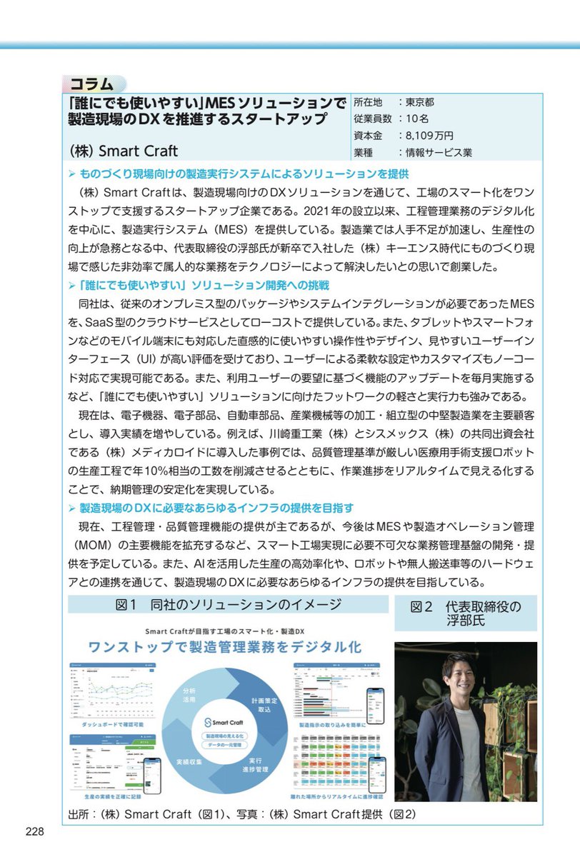 Fumiya071619's tweet photo. 先日経済産業省から発表された「2024年版ものづくり白書」にSmart Craftが掲載されました！
業界のマクロ環境などをキャッチアップする上で毎年欠かさず見ていたものなので、今回掲載いただき光栄です。
我々の事業対象である製造実行(MES)の領域は、本来スマート工場実現においては必須のシステムと言われますが、海外と比して日本はまだあまり普及されていません。
一部の国内超大手企業では内製開発や高価なパッケージソフトで導入されている企業もおりますが、業界全体としてはまだまだ普及が進んでいないのが現状です。
Smart Craftがきっかけとなり、より多くの製造現場がスマート工場へと変革できる機会を作っていきたいと思います！
