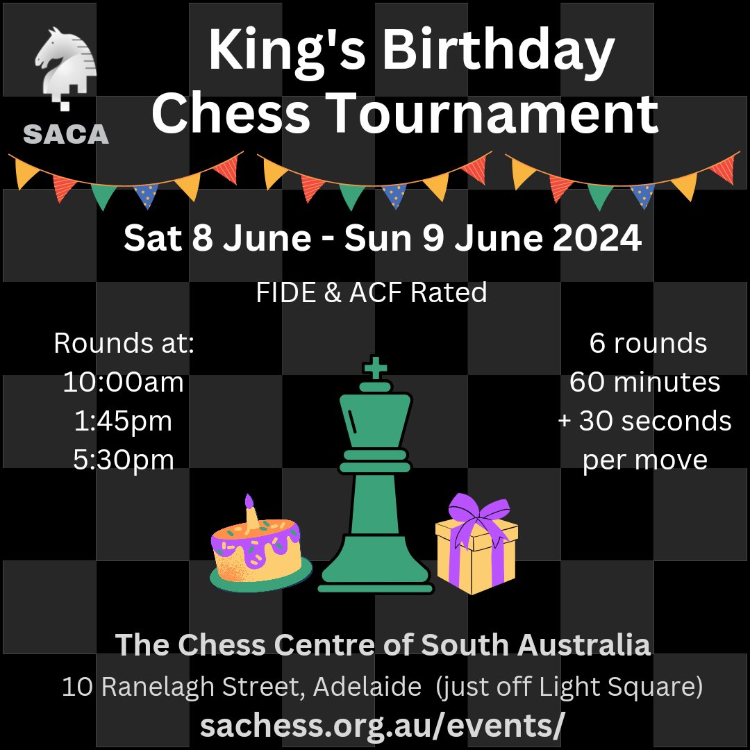sachessau's tweet photo. Register for our long weekend tournament online today. Registration accepted on the day until 15 minutes before round 1.
#SACA #Chess #Adelaide #AusChess
https://t.co/io4Gi8nRpG https://t.co/i3j2BL1KID