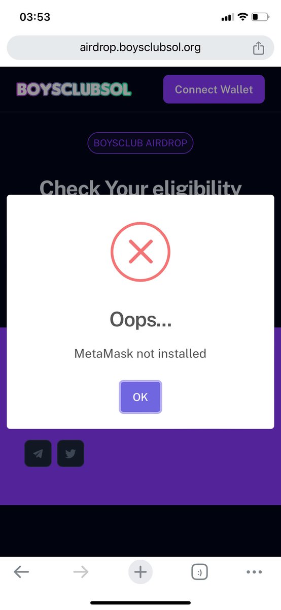 Saint4all2k's tweet photo. @boysclubbase1 I clicked the “claim” and then “connect wallet” the screenshot is what it showed. https://t.co/VKCmSyPIB7