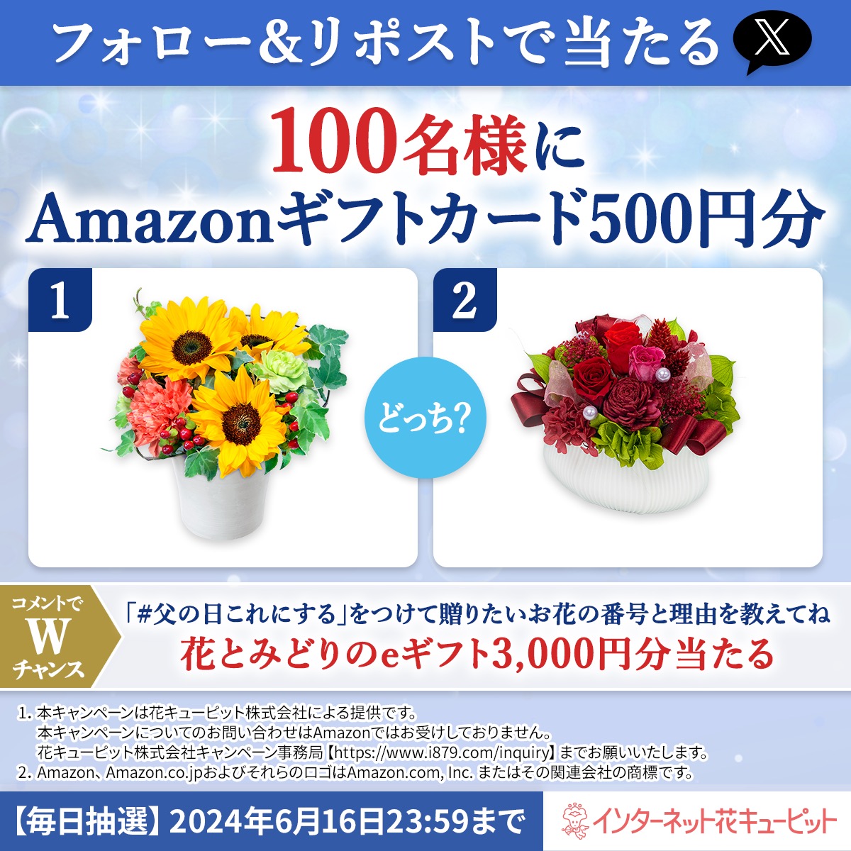 i8791's tweet photo. Amazonギフトカード500円分🎁 
＼フォロー＆リポストで当たる／ 
コメントでWチャンス3000円分🌻 

その場で当たる 
1️⃣@i8791をフォロー 
2⃣6/15 11:59迄に本投稿をリポスト 
当選者に即DM 

Wチャンス🎁父の日どっち？ 
花とみどりのeギフト3000円分🌻
【#父の日これにする】と好きな番号を返信 https://t.co/BjiVzAfVlL