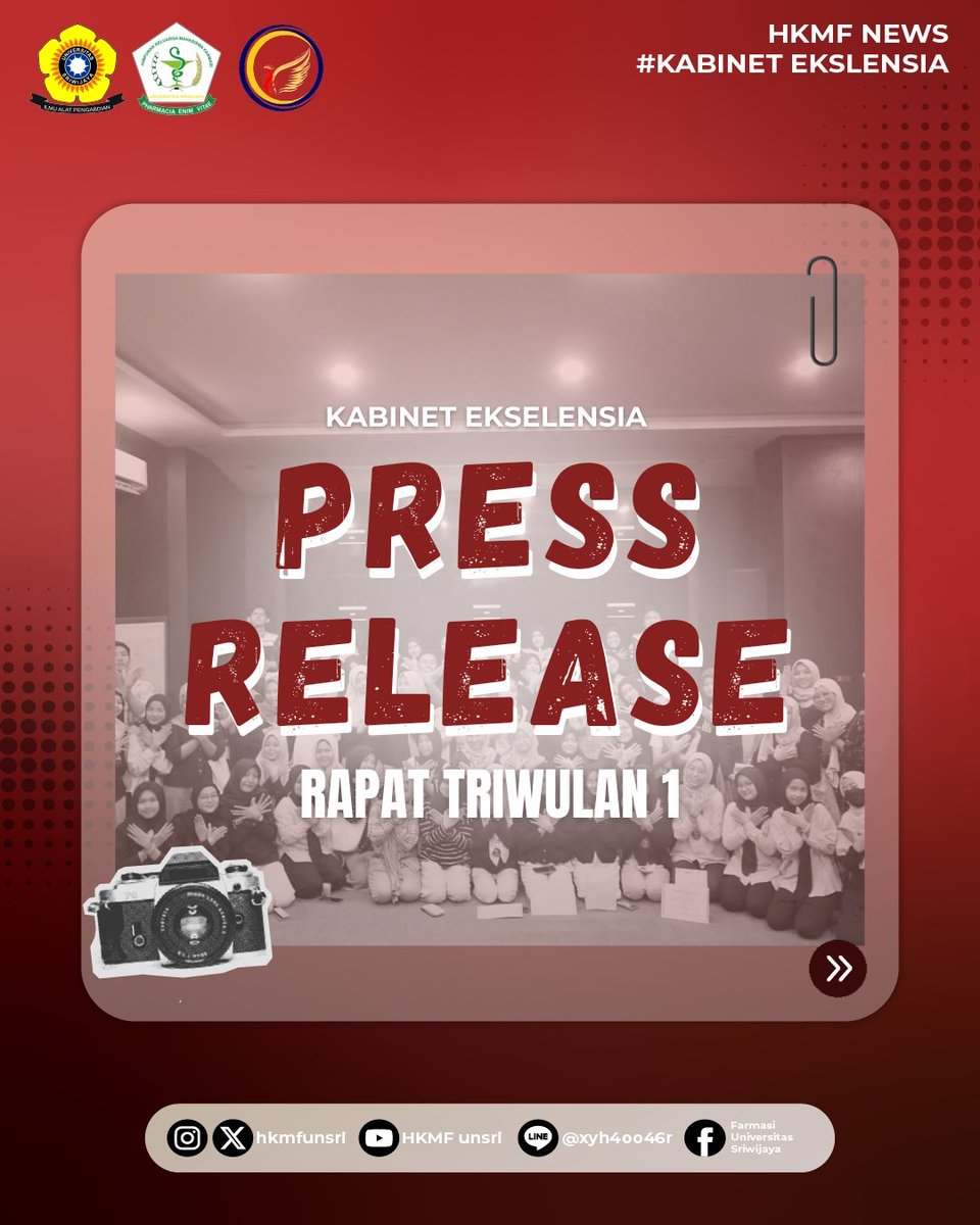 HKMFunsri's tweet photo. [PRESS RELEASE RAPAT TRIWULAN PERDANA KABINET EKSELENSIA HKMF UNSRI 2023/2024]

Telah diadakan rapat triwulan perdana kabinet Ekselensia pada :
Hari / tanggal : Senin, 03 Juni 2024
Tempat : Ruang Teater, Perpustakaan Unsri https://t.co/z8PYnav57a