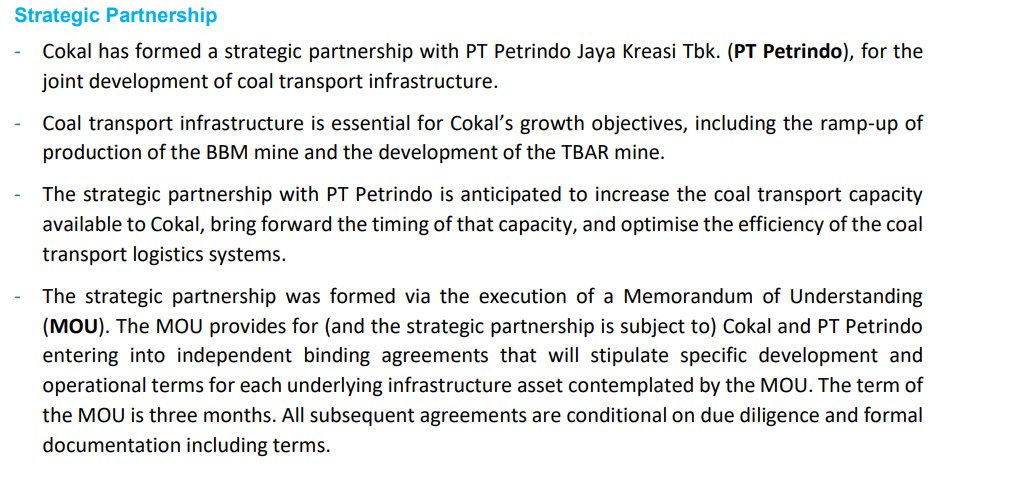 $CKA Petrindo So look at deal
Essential for efficiency for Cokal, Vital for operation of Petrindo's PT Daya Bumindo Karunia coal mine which is land locked with no transport route
No river, No Road, No Upper River Port
3 months up on Monday for MOU. So we have to get an update.