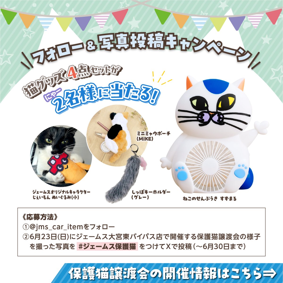 jms_car_item's tweet photo. ／
フォロー＆リポストで抽選で12名様に
#ねこのせんぷうき #すずまる が当たる🐱
＼

さらに、6月23日にジェームス大宮東バイパス店で開催する「保護猫譲渡会」で写真を撮って #ジェームス保護猫 をつけて投稿すると、猫グッズ4点セットが当たるキャンペーンも🎁🐾

🔻詳しくは画像をご確認ください https://t.co/ywp9IBFeVg