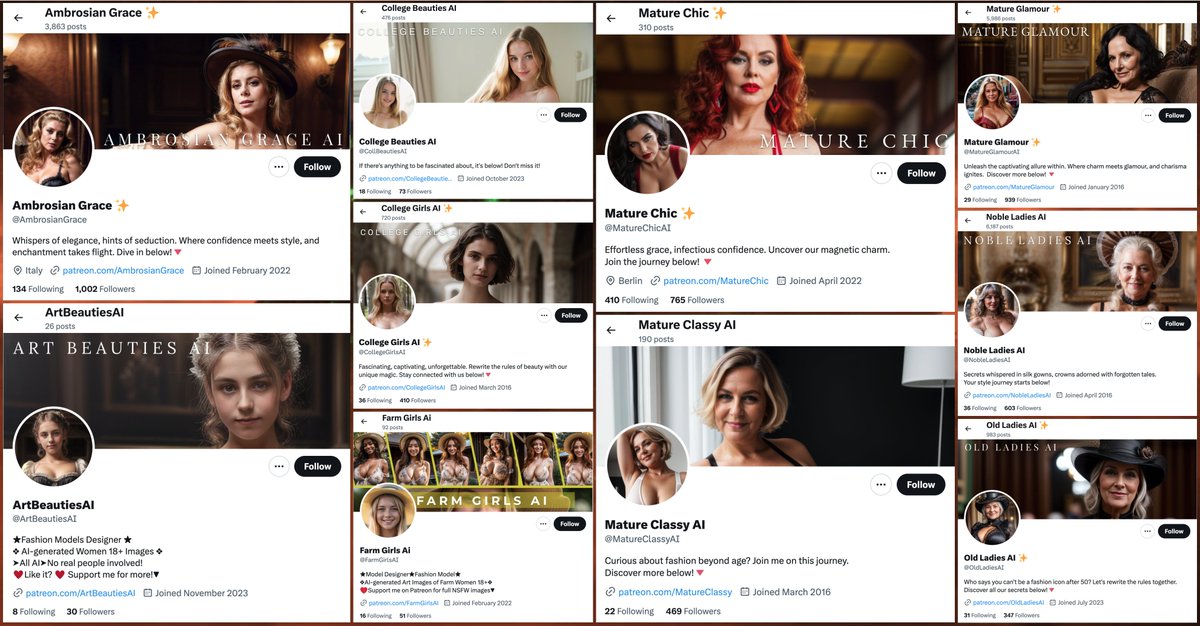 In an interesting and decidedly unnecessary twist on the whole "NUDES IN BIO" spam phenomenon, here's a network of oddly similar X accounts selling AI-generated NSFW images via Patreon links in their profiles. #MidjourneyInBio

cc: <a href="/ZellaQuixote/">Zippy</a>