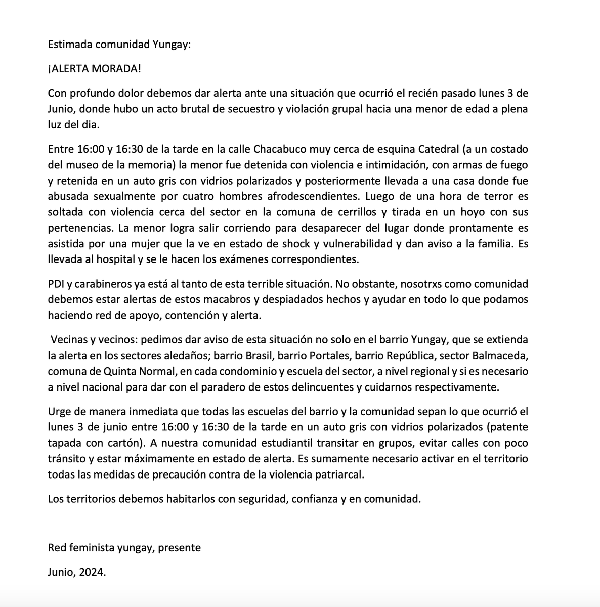 🛑 URGENTE. Denuncian violación grupal de una menor de edad en Santiago Centro.  Red Feminista Yungay emite comunicado: