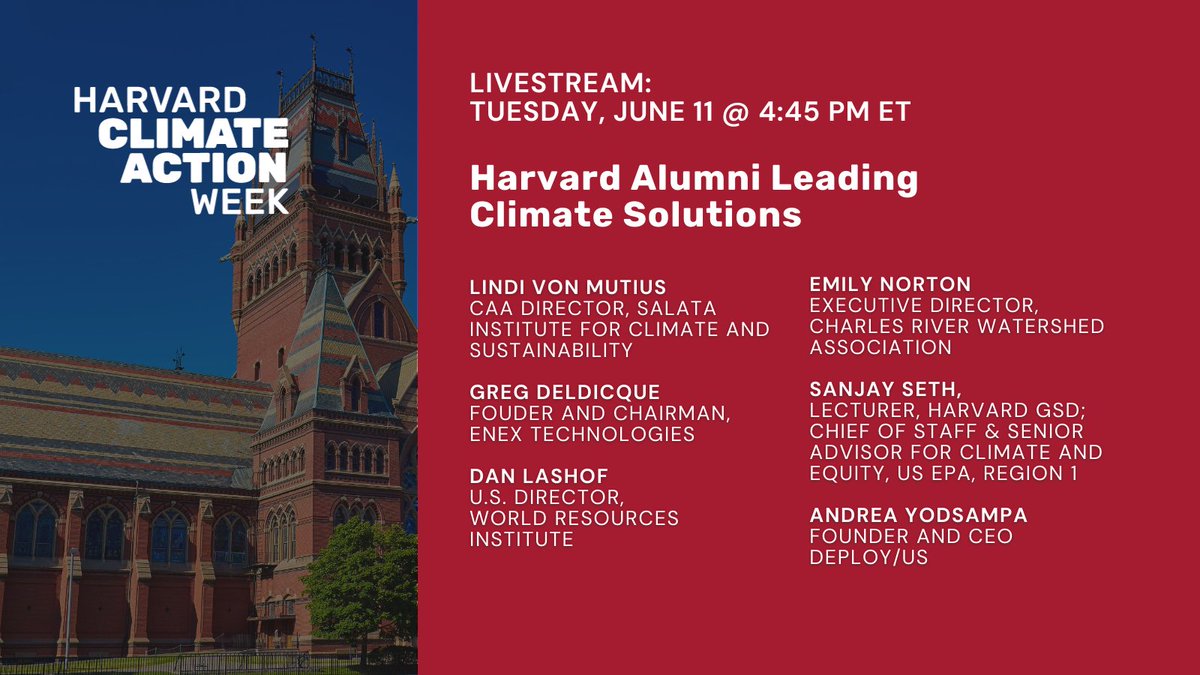 Salata Institute (@harvardsalata) on Twitter photo Tuesday 6/11 @ 4:45 PM ET: Harvard Alumni Leading Climate Solutions.
Hear about leading work in climate solutions led by alumni of <a href="/HarvardGSD/">Harvard GSD</a>, <a href="/HarvardHBS/">Harvard Business School</a>, <a href="/Kennedy_School/">Harvard Kennedy School</a>, and <a href="/Harvard/">Harvard University</a> College. #HarvardClimateActionWeek
Watch live: bit.ly/3x9WUTN Tuesday 6/11 @ 4:45 PM ET: Harvard Alumni Leading Climate Solutions.
Hear about leading work in climate solutions led by alumni of <a href="/HarvardGSD/">Harvard GSD</a>, <a href="/HarvardHBS/">Harvard Business School</a>, <a href="/Kennedy_School/">Harvard Kennedy School</a>, and <a href="/Harvard/">Harvard University</a> College. #HarvardClimateActionWeek
Watch live: bit.ly/3x9WUTN