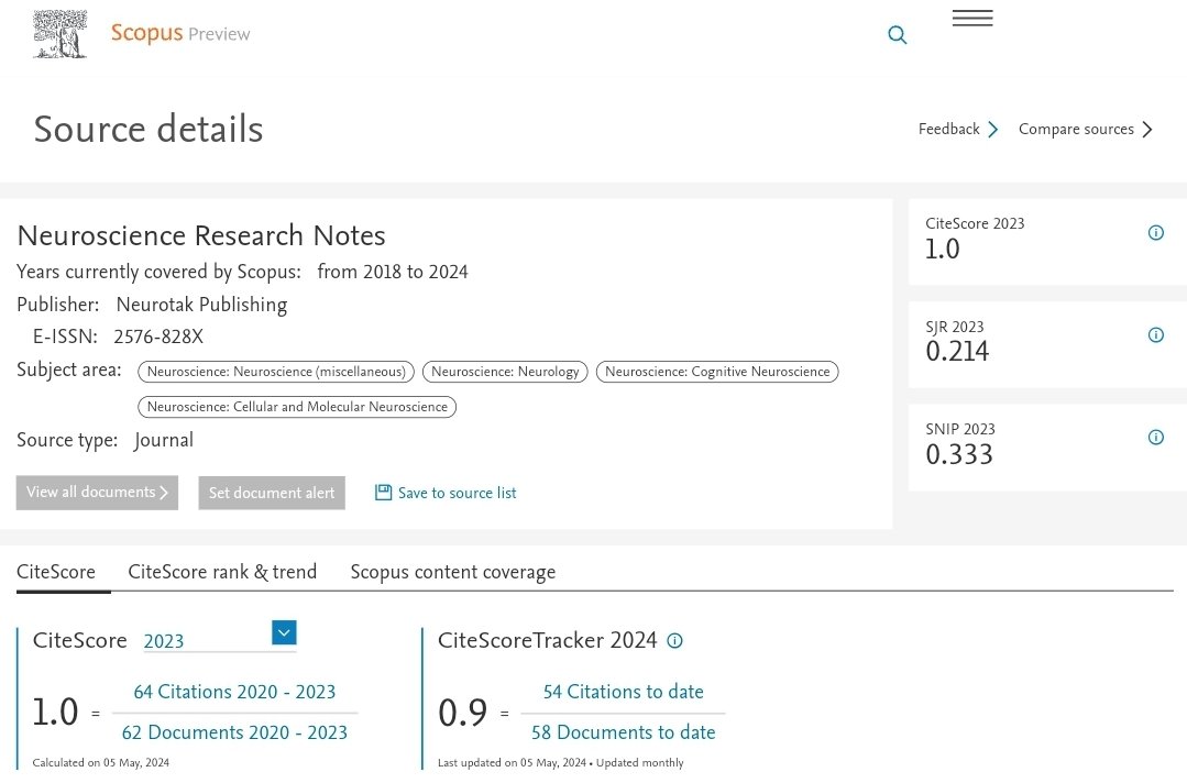 NeuroResNotes's tweet image. Neuroscience Research Notes CiteScore 2023 has gone up from 0.6 in 2022 to 1.0.