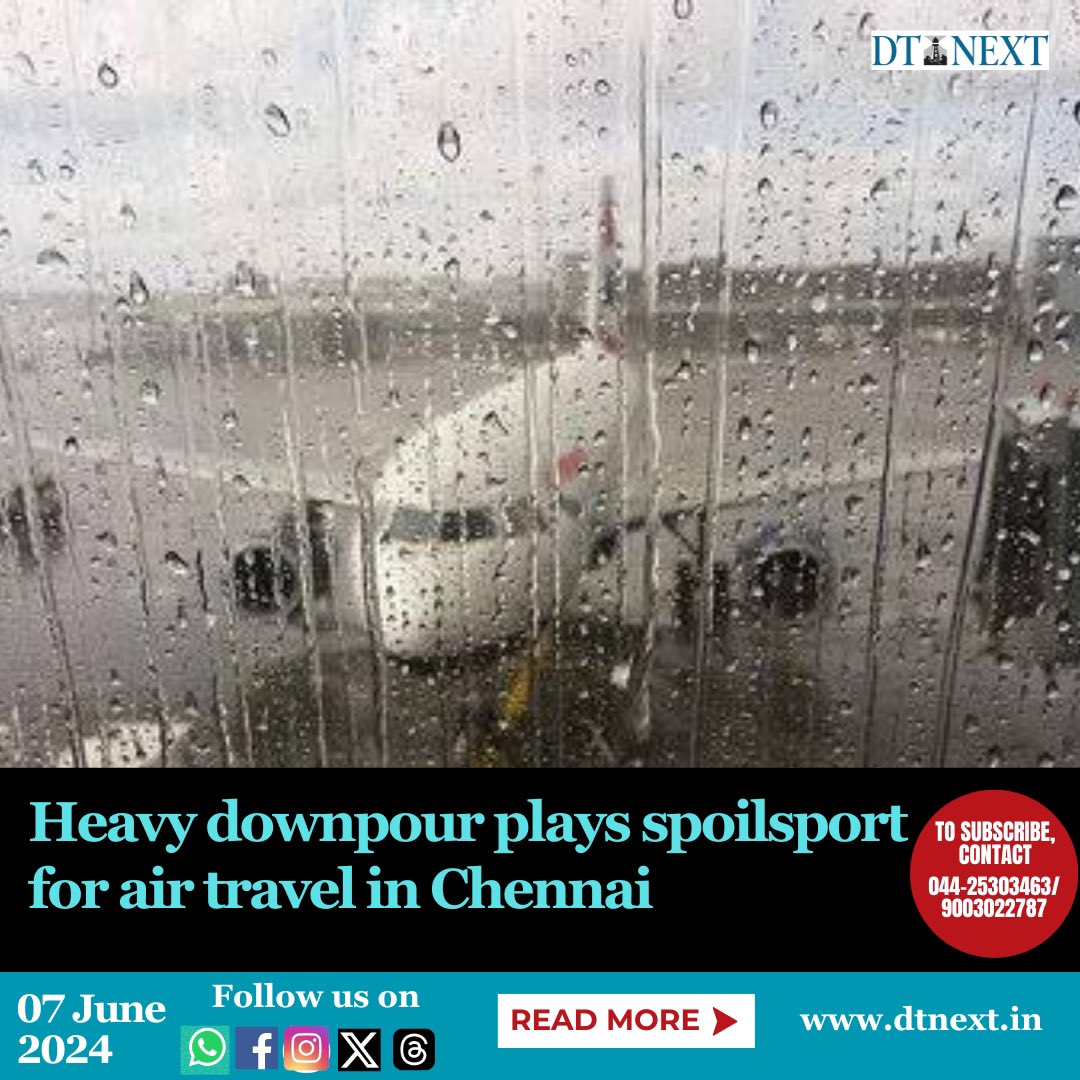 dt_next's tweet photo. Heavy rainfall lashes Chennai, causing significant delays for 35 flights, with 17 arriving and 18 departing flights affected at the city's international airport.
#dtnext #flight #suspended #postponded #chennai #airport #flights #flightdelays #rains #heavyrains #chennairains #tn https://t.co/nNynRnwPUx