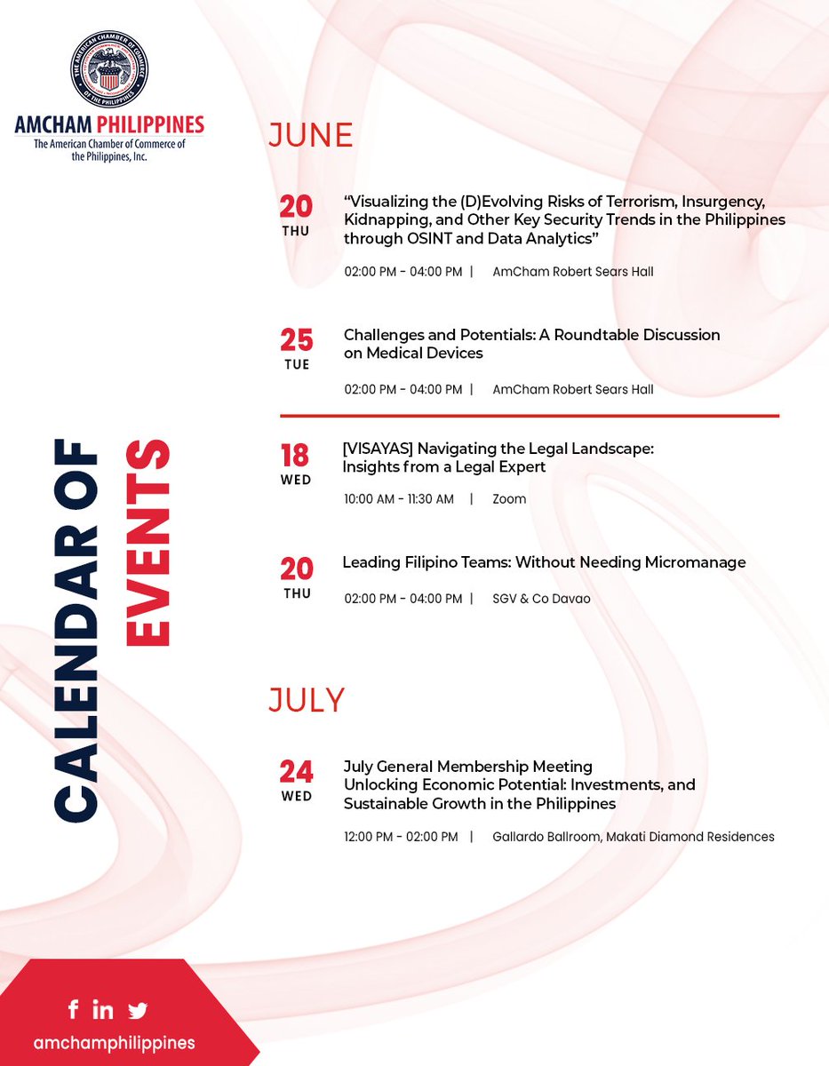 AmChamPH's tweet photo. Don't miss out on our upcoming events. Head to our events page for more information - https://t.co/Lt88DngDUL
Join AmCham Philippines now - https://t.co/aVoL2tIXuL
#AmCham #AmChamPhilippines #OpenforBusinesses #AmChamEvents #YourChamber #Morein2024 https://t.co/ylASlwTzp1