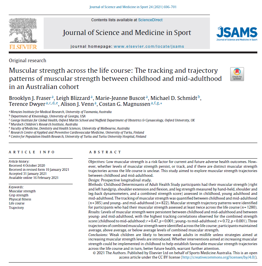 jacksonfyfe's tweet photo. Being strong is important well before older age.

This cohort study of >1200 Australians found weaker children are more likely to be weak into young- (ages 26-36) and mid- (ages 36-39) adulthood.

The conclusion:

Weak children are more likely to become weak adults in midlife unless targeted strategies to increase strength are introduced earlier.

https://t.co/vDJyUXssMN