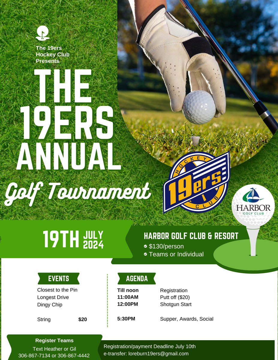 19ershockeyclub's tweet photo. Mark the Calendar, the 19ers Annual Golf Tournament is back. July 19th back at Harbor Golf. Registration is open.
#19ershockey #19ersgolf https://t.co/0qxc4C4Xfs