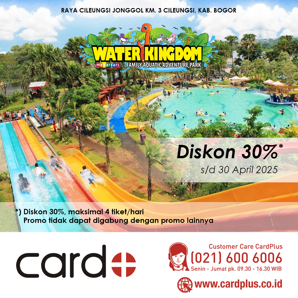CardPlus_IDN's tweet photo. Rasakan keseruan bermain wahana air di @waterkingdommekarsari dengan diskon 30% jika bertransaksi menggunakan kartu berlogo Card Plus π€©π₯³ Yuk gunakan kartumu!
#Waterpark #WahanaAir #Lifestyle #Hiburan #WaterKingdomMekarsari #CardPlus https://t.co/7ZR81jDVGn