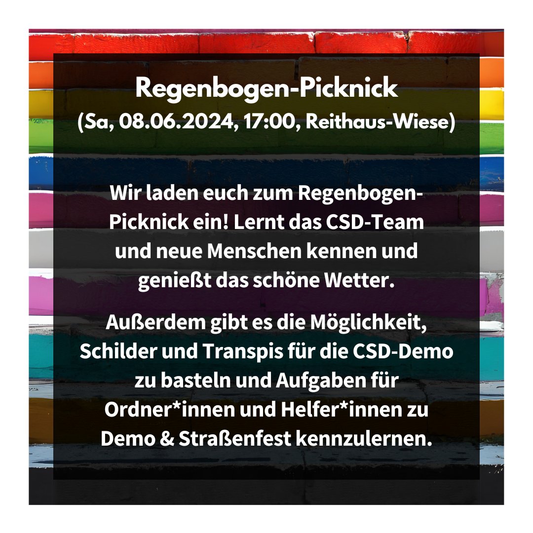 CSDWeimar's tweet photo. Wir laden euch zum Regenbogen-Picknick ein. Lernt das CSD-Team und neue Menschen kennen und genießt das schöne Wetter.

#CSDWeimar #CSDThüringen #VielfaltInThüringen
#RegenbogenPicknick #RainbowPicnic [1/6] https://t.co/O4ZoxYsLAu