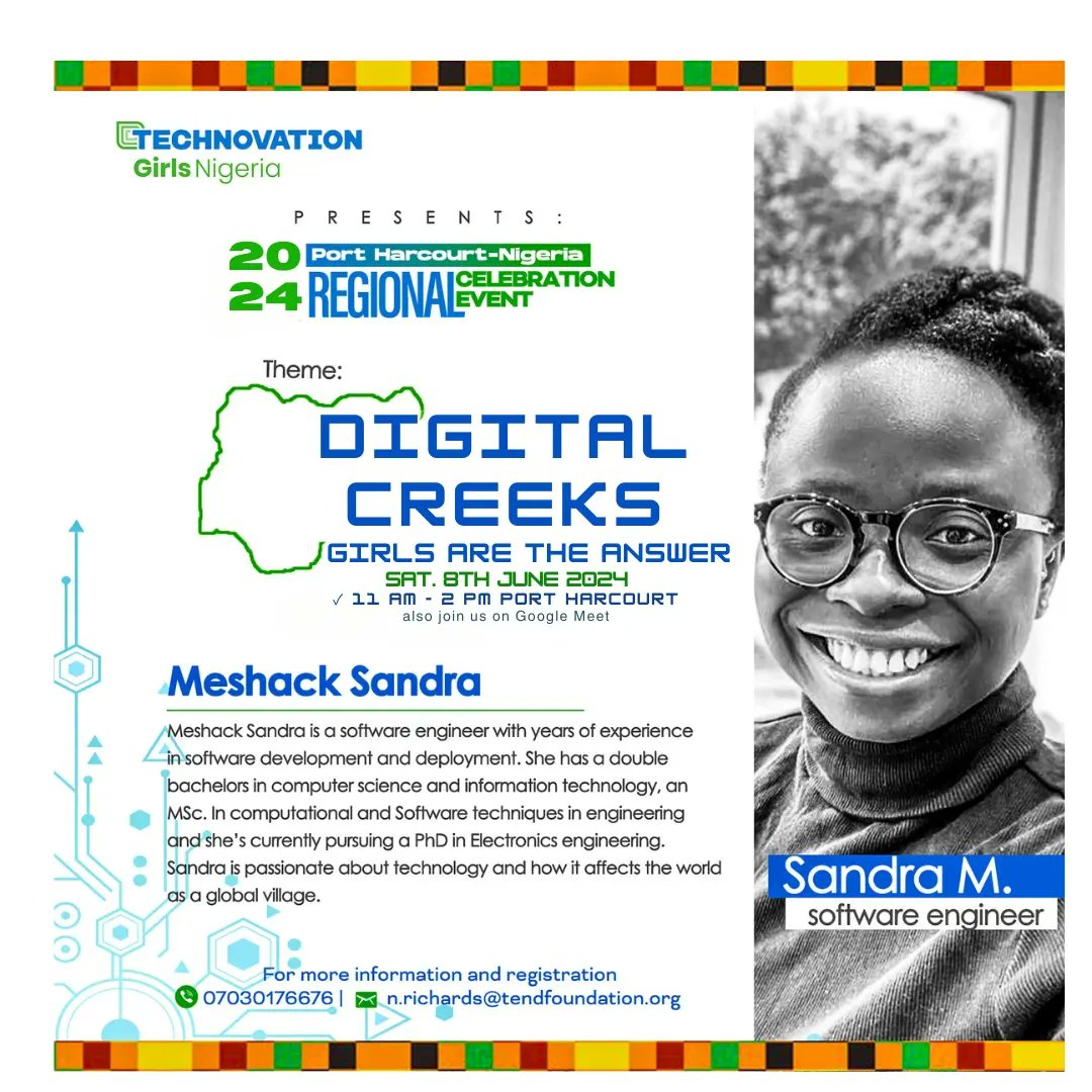 tendfoundation's tweet photo. Meet our Keynote speaker:
Meshack Sandra is a software engineer with years of experience in software development and deployment. She has a double bachelors in computer science and information technology, an MSc. in Computational and Software techniques in engineering . (Comments) https://t.co/JmLFpNcn4F