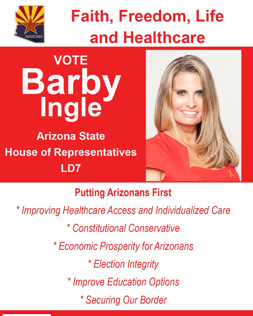 BarbyIngle's tweet image. Help us elect #BarbyIngleForArizona as our next State Representative in LD7! Her vision for a better Arizona is one we can all get behind. Visit barbyingle.com to learn more and get involved. #Pinal #Coconino #Gila #Navajo #ApacheJunction #Payson #Flagstaff