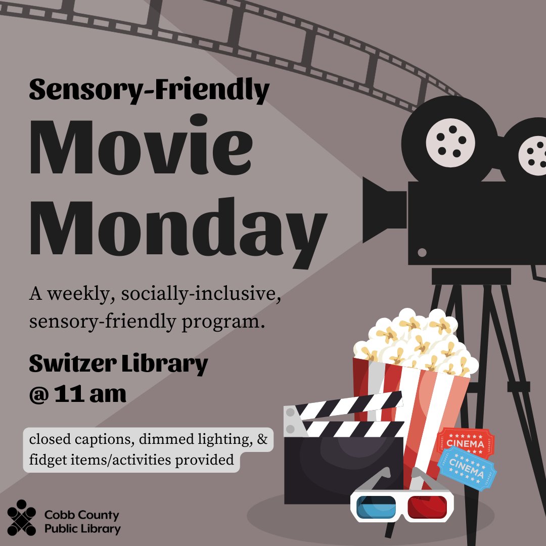 cobblibrary's tweet image. Bring a lunch or snack &amp;amp; join us for a movie. This is a #SensoryFriendly event; lights will be dimmed, closed captions displayed, &amp;amp; movement &amp;amp; talking welcomed! Intended as an inclusive program for adults with special needs; all are welcome!

#SwitzerLibrary | Mondays | 11 am