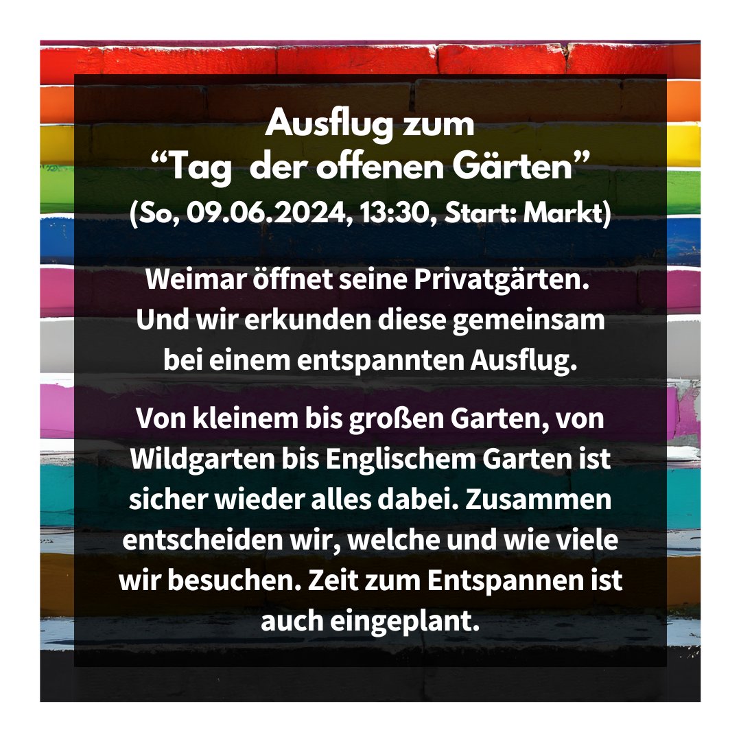 CSDWeimar's tweet photo. Weimar öffnet seine Privatgärten. Und wir erkunden diese gemeinsam bei einem entspannten Ausflug.
#CSDWeimar #CSDThüringen #VielfaltInThüringen
#TagDerOffenenGärten [1/8[ https://t.co/KWbQqWbMCe