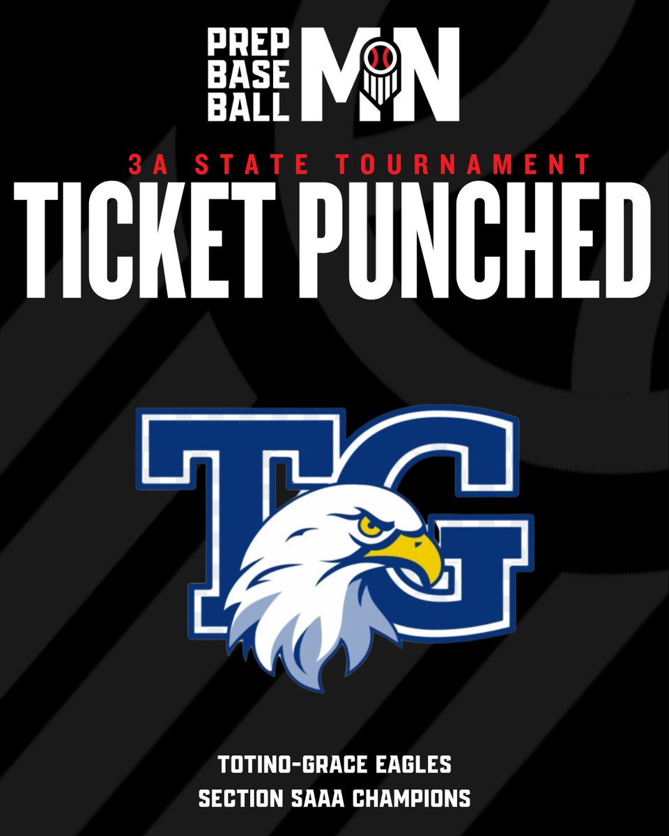 Prep Baseball Minnesota (@prepbaseballmn) on Twitter photo 𝙩𝙞𝙘𝙠𝙚𝙩 𝙥𝙪𝙣𝙘𝙝𝙚𝙙.
Congratulations to <a href="/TGEagleBaseball/">TG Eagle Baseball</a>
🏆 Section 5AAA Champions
🎟️ 2024 Minnesota 3A State Tournament
📍 Athletic Park | Chaska, Minnesota 𝙩𝙞𝙘𝙠𝙚𝙩 𝙥𝙪𝙣𝙘𝙝𝙚𝙙.
Congratulations to <a href="/TGEagleBaseball/">TG Eagle Baseball</a>
🏆 Section 5AAA Champions
🎟️ 2024 Minnesota 3A State Tournament
📍 Athletic Park | Chaska, Minnesota