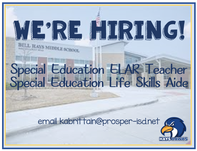 ProsperHaysMS's tweet photo. We are hiring!  Know someone looking to be a part of our team!  Share this info to come impact our Hawks next year! https://t.co/kXYIyng2Iq