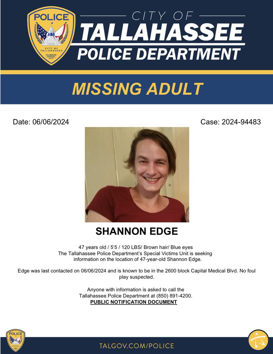 Please share to help locate this missing person. If you have information regarding Shannon’s whereabouts, please call TPD at 850-891-4200.
