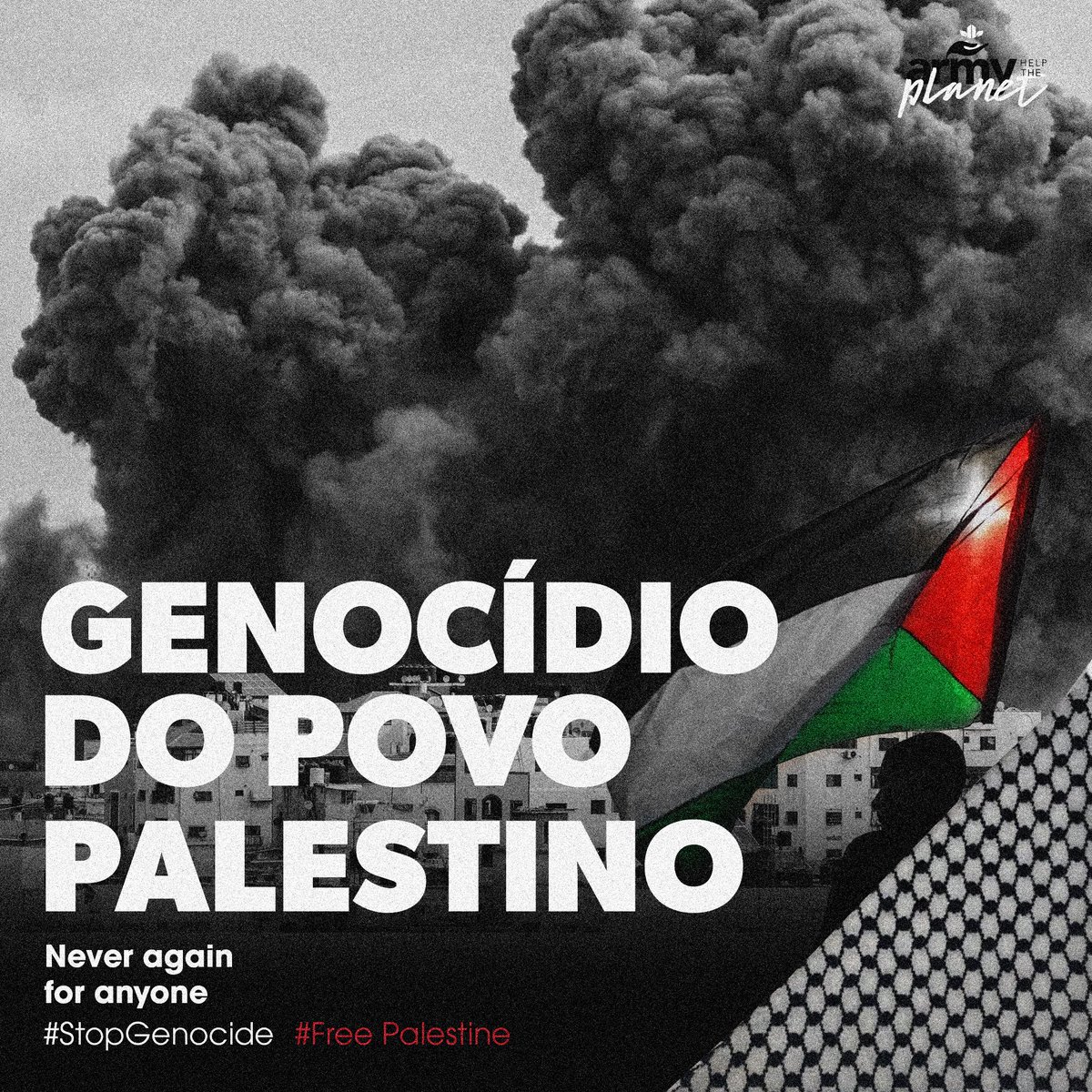 ARMY_HTP's tweet image. O segundo post da série "Never again for anyone: #StopGenocide" aborda a questão Palestina e o crime de genocídio cometido por Israel em face da população em Gaza.
Confira a thread:
#FreePalestine