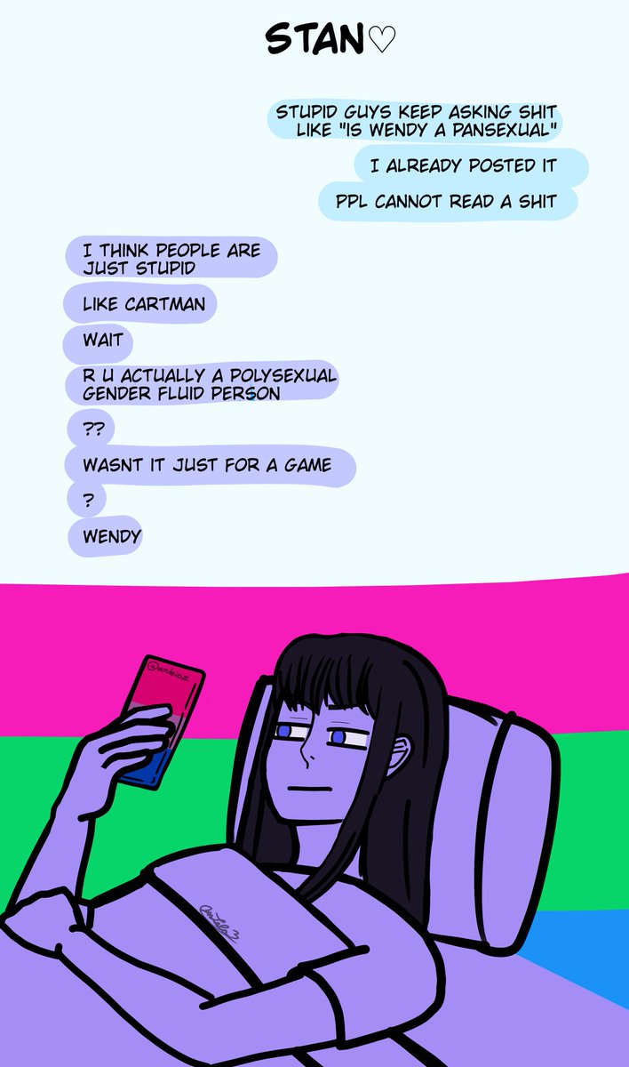 anleioz's tweet photo. June 4th: Polysexual Day
She's seriously questioning her boyfriend's interest in her things…
Polysexuality is under ✨☂️Bisexual Umbrella☂️✨
Bisexuality is like a big house and Polysexuality is one of the rooms!
#southpark #wendytestaburger #stanmarsh #chat #PRIDEMONTH4 https://t.co/HvO50l2QQg