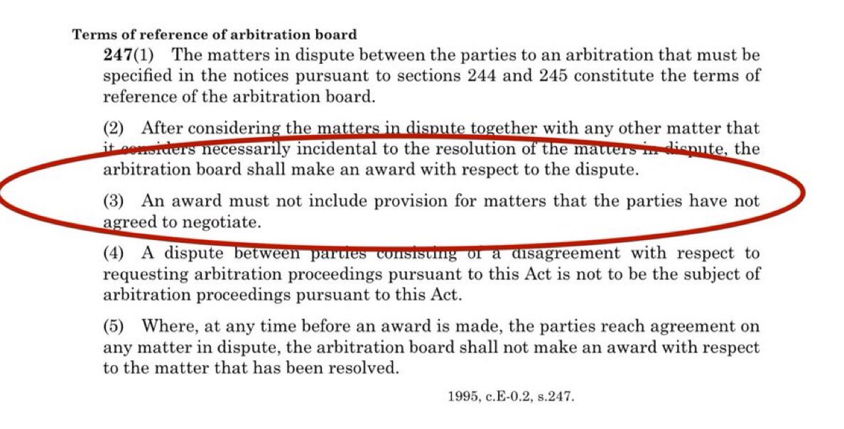 CommonsensePaul's tweet photo. Teachers can not go to binding arbitration because the SK Party has not agreed to negotiate it. Meaning that the teachers can ask for complexity but if the SK Party refuses to accept it into an agreement the the arbitrator can not rule on it. https://t.co/1ZDc3hAM4A