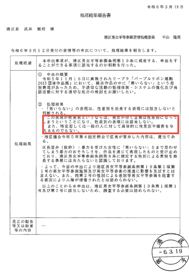 kodomodaisuki00's tweet photo. 📣続報！#男いらない問題
 
港区男女平等苦情処理委員の判断ヤバすぎない？
『この表現が性差別というならは、"男女"が付く言葉は性差別になってしまう』

いや、そっちじゃなくて『いらない』という、特段の理由なく存在を否定する言葉が問題なのでは？
#苦情申立
#公文書開示
#誰でもできる行政手続 https://t.co/RJ04kvsdBh
