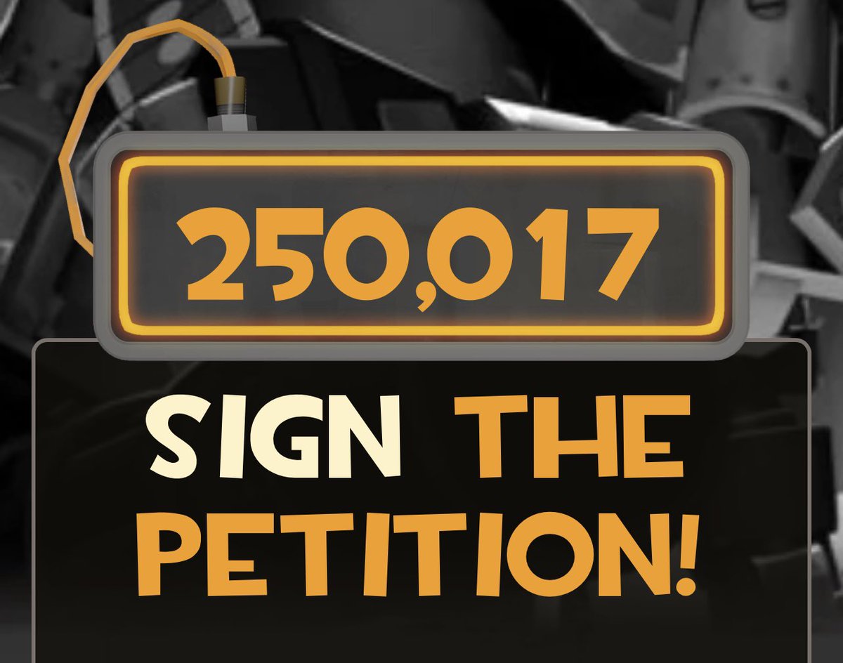 Interstellis's tweet photo. 🎉 250,000 SIGNATURES! 🎉

Absolutely crazy. There has been so much support for this movement and we’re not stopping!

#FixTF2 / #SaveTF2 https://t.co/3Zh7IFHY0i