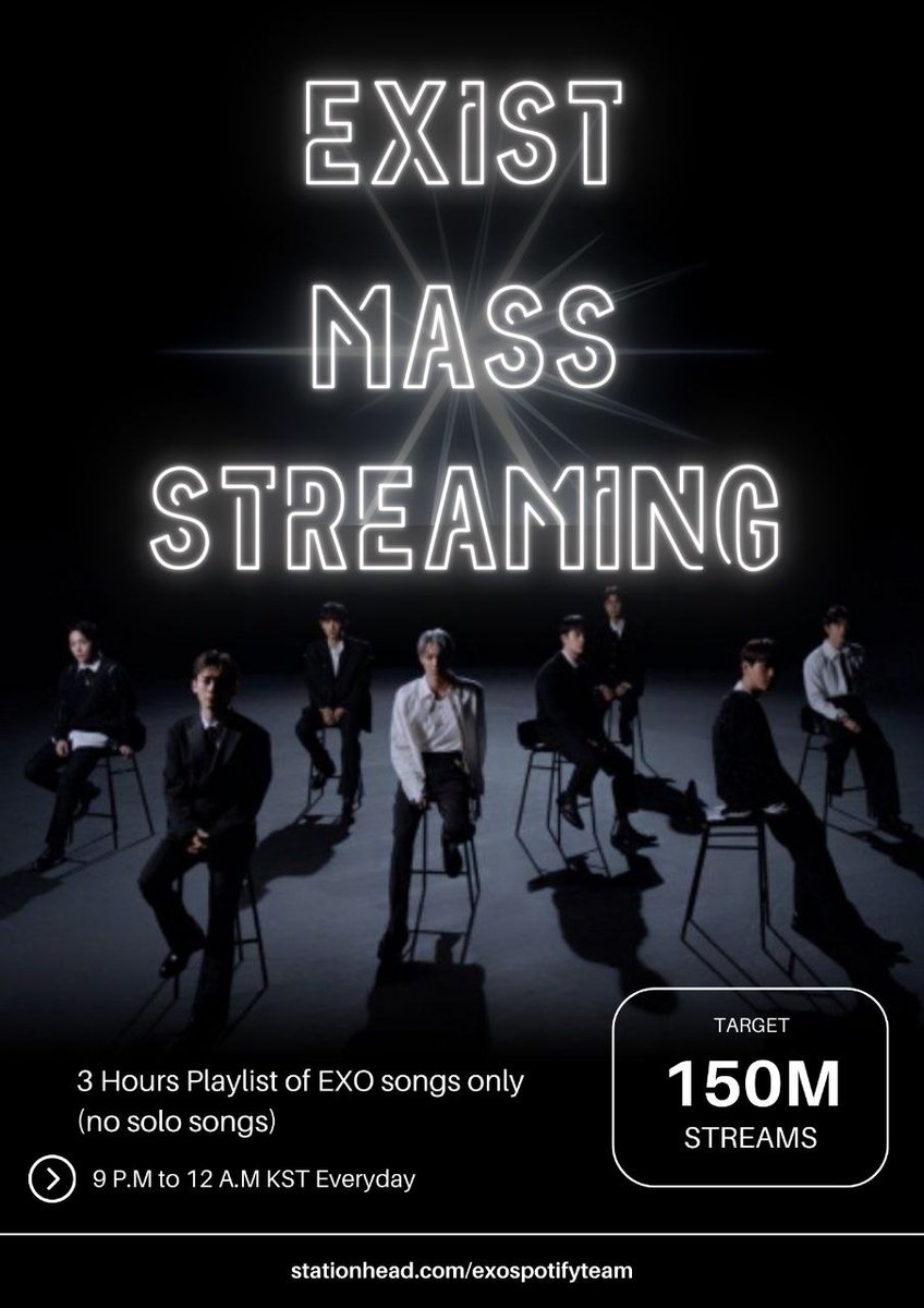 EXOspotifyTeam's tweet photo. EXO-Ls
Let's power up those streams for EXO
Can we kindly ask for 3 hours of your time to stream for EXO?
Our goal: 150M streams or more for EXIST before its 1st anniversary. Gather your moots and join us for this daily 3-hour EXO streaming session. Let's do this with dedication and enthusiasm.
Thanks and remember to repost if you see this.

🥂https://t.co/EvLCT5MLbK

#EXOLsOnStationhead #EXO  #엑소
@weareoneEXO