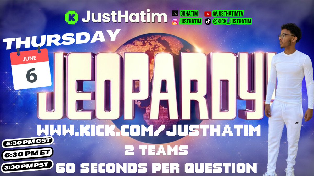 KickShows's tweet photo. The confidence was so strong... 
Going Live NOW to Host Jeopardy! https://t.co/JDLOisznwC

@kick
@KickCommunity
@StakeEddie
@Svntvmvriv https://t.co/ZP9aTwMUSo