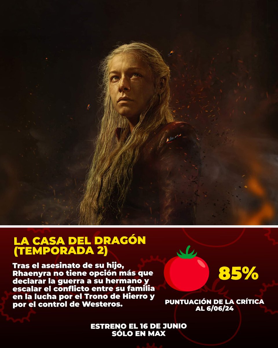 ¡Fuego y furia! 🔥🐉 Las críticas son dominadas por la segunda temporada de #HouseOfTheDragon. 🍅 Acá las pueden leer: tomatazos.com/series/653067/…