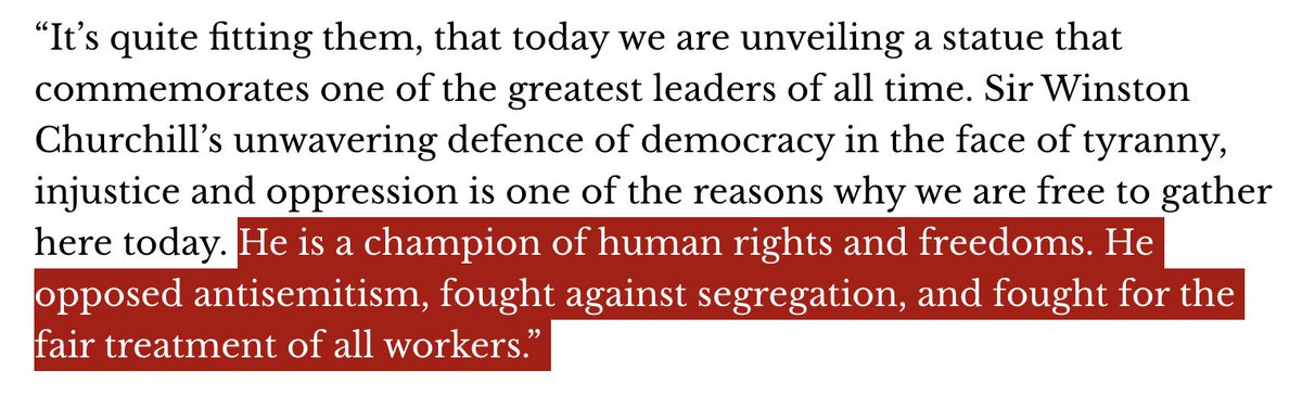 Today Danielle Smith spoke at the unveiling of a statue to Winston Churchill in Calgary. Her statements are factually wrong. Either she's lying or historically illiterate. 🧵1/5