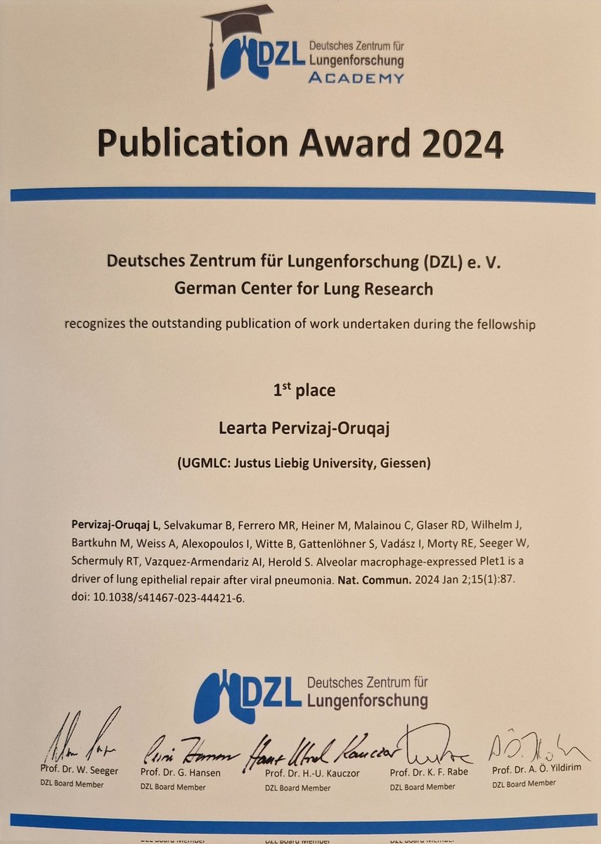 LeartaO's tweet photo. I am incredibly honored to receive the DZL Academy Publication Award. This prestigious recognition reflects the hard work of the entire @HeroldLab team, under the outstanding leadership of Susanne Herold. Heartfelt gratitude to all who have supported us along the way. https://t.co/QGW1cyqvVh