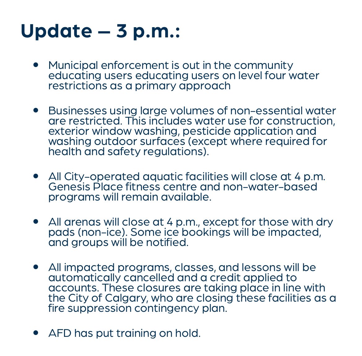 Update this afternoon on the YYC water main affecting Airdrie. If you or family members have activities in the water or on the ice today, you’ll especially want to head to Airdrie.ca to get the update. If you have questions or concerns please call 403-948-8800.