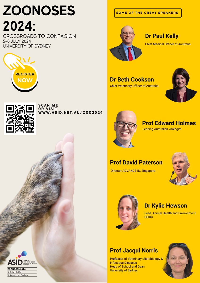 kmwilks's tweet photo. One month to go - still time to get yourself registered for the ASID Zoonoses 2024 conference at The University of Sydney.  All-encompassing program designed for scientists, veterinarians, medical doctors, epidemiologists...  AND, don't forget 6th JULY is WORLD ZOONOSES DAY https://t.co/bNHkoC3ehT
