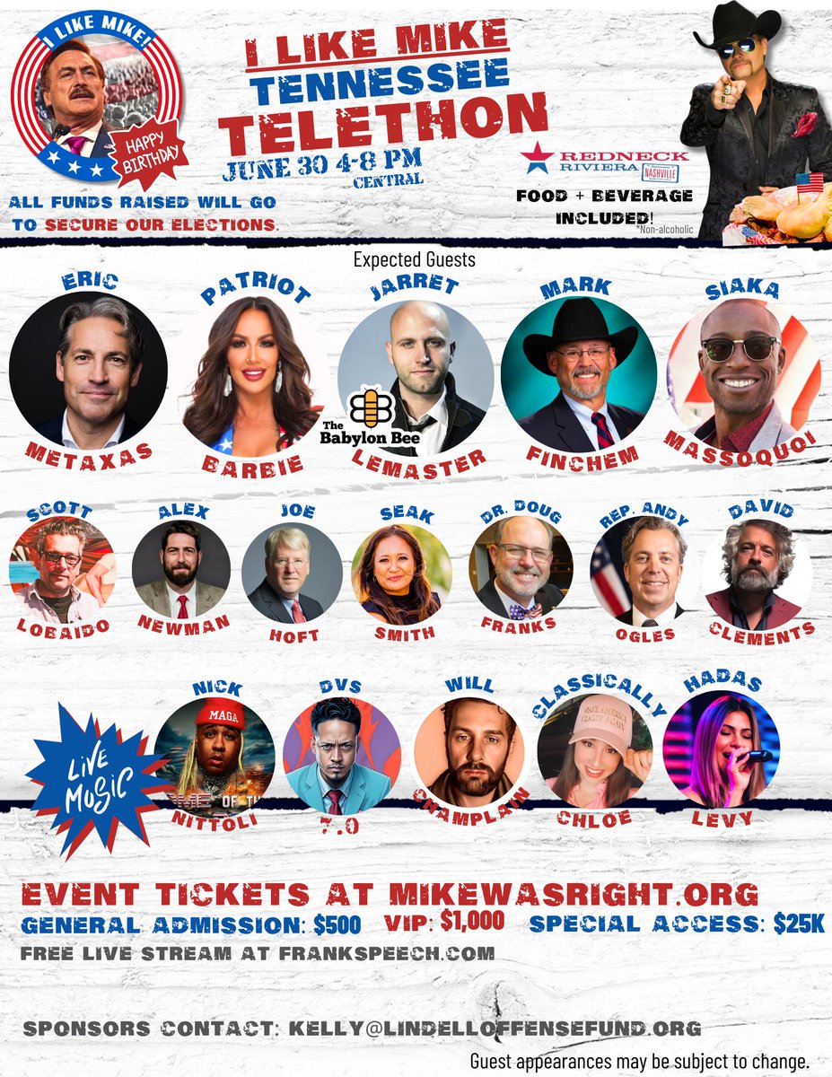 Mike Lindell has made significant sacrifices in his push to secure our elections and save our Republic.  Join us in showing our appreciation for his efforts by Sponsoring, Attending, and/or Watching our birthday bash telethon on his behalf on Sunday, June 30th straight from